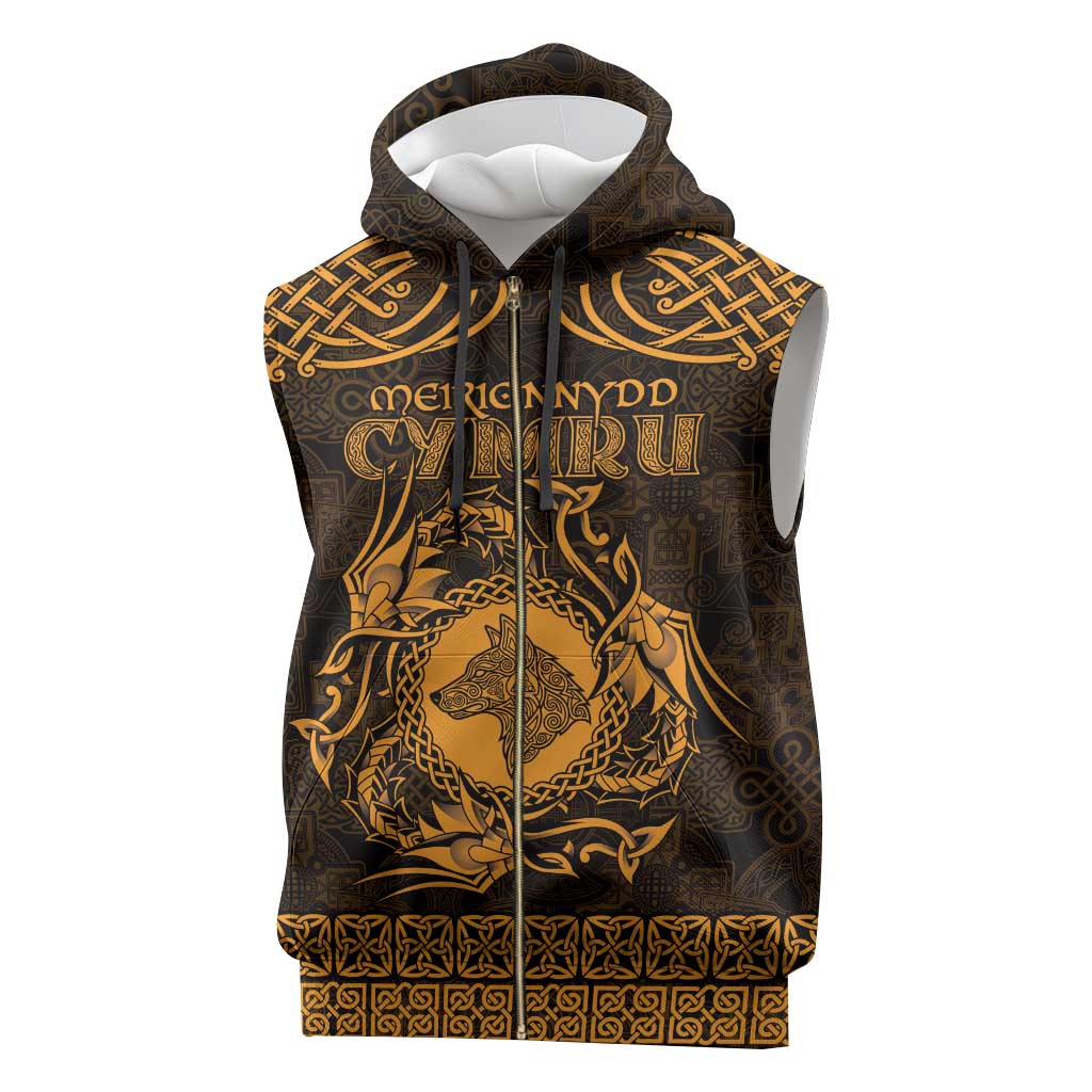 Personalized Merionethshire Meirionnydd Sleeveless Zip Hoodie Gold Wolf Celtic-inspired - Wonder Print Shop
