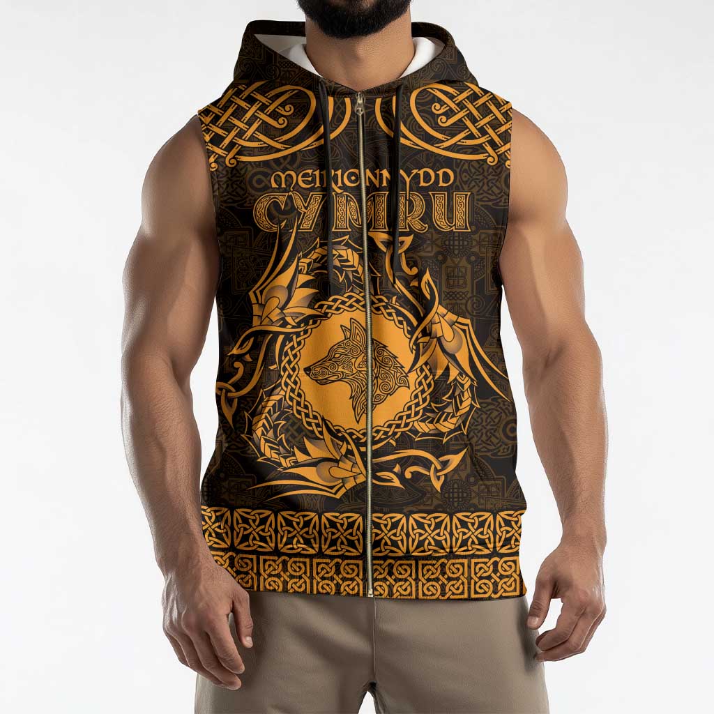 Personalized Merionethshire Meirionnydd Sleeveless Zip Hoodie Gold Wolf Celtic-inspired - Wonder Print Shop