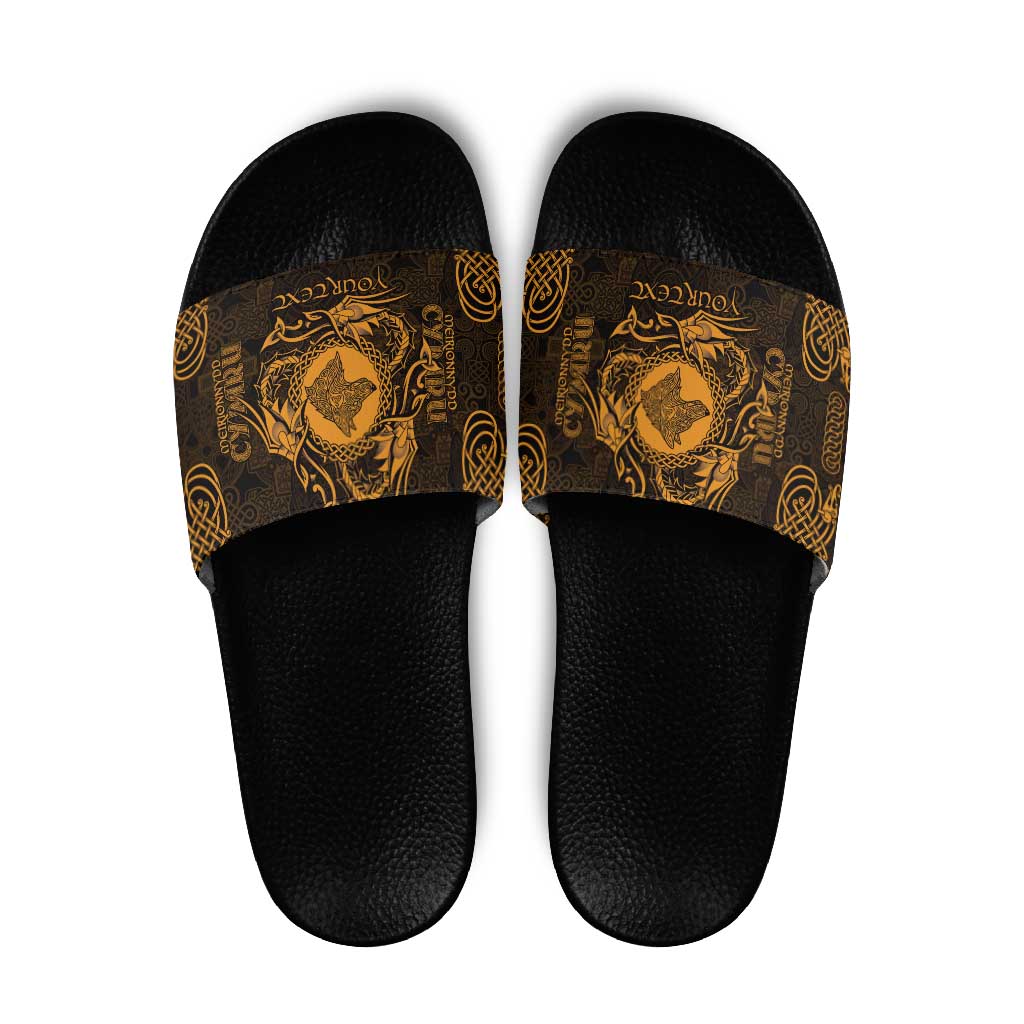 Personalized Merionethshire Meirionnydd Slide Sandals Gold Wolf Celtic-inspired - Wonder Print Shop