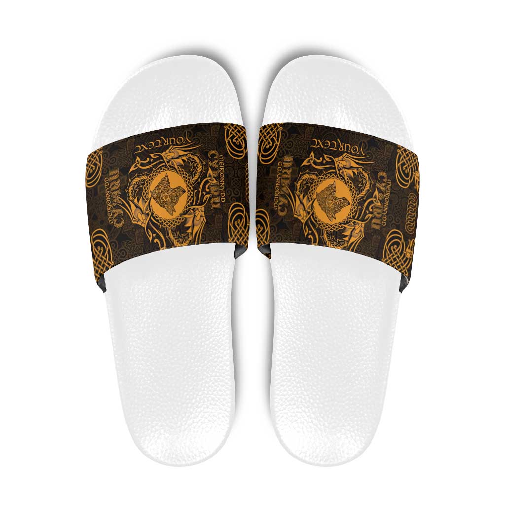 Personalized Merionethshire Meirionnydd Slide Sandals Gold Wolf Celtic-inspired - Wonder Print Shop