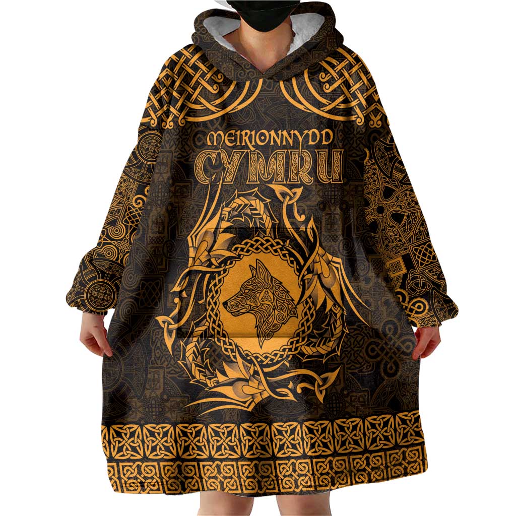 Personalized Merionethshire Meirionnydd Wearable Blanket Hoodie Gold Wolf Celtic-inspired - Wonder Print Shop