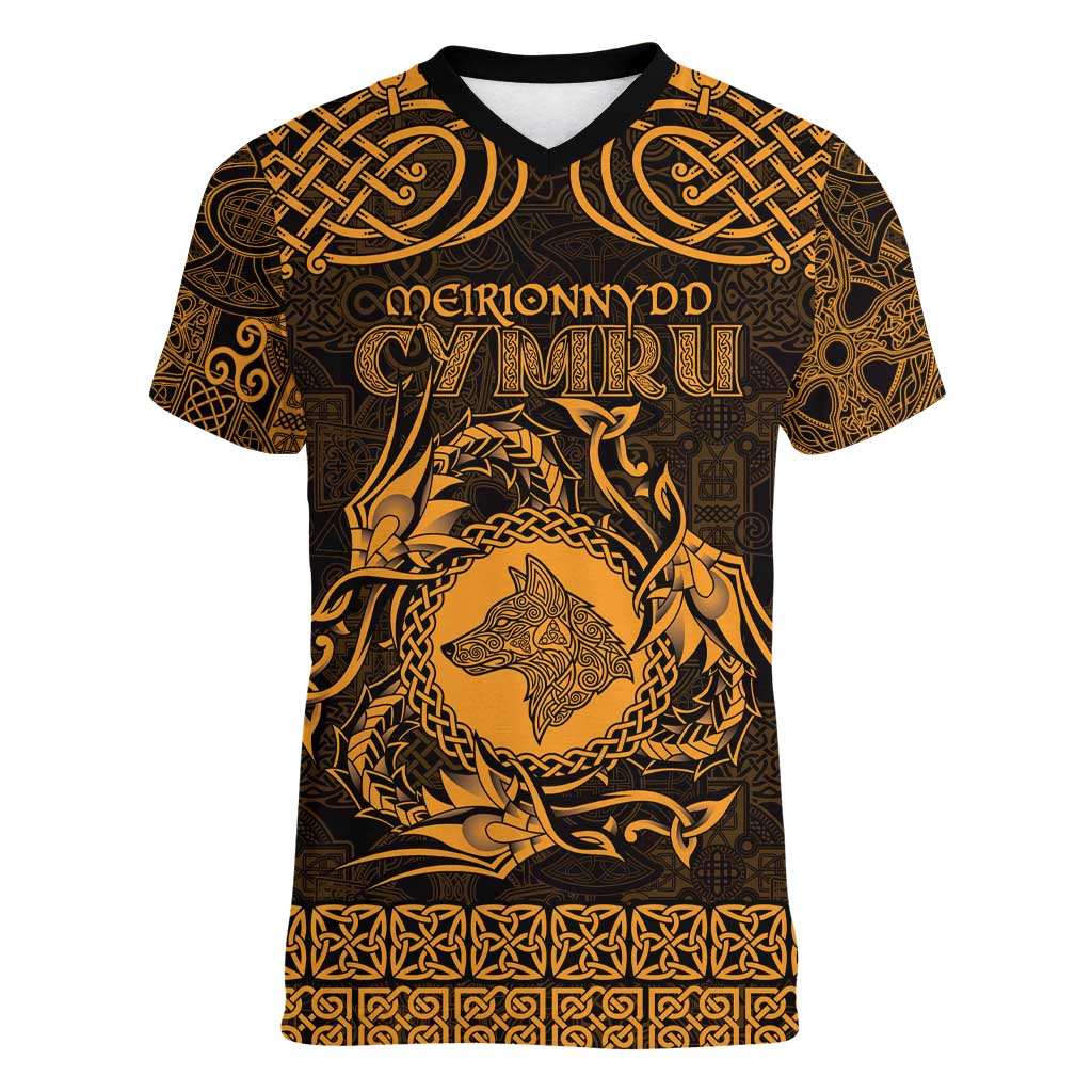 Personalized Merionethshire Meirionnydd Women V-Neck T-Shirt Gold Wolf Celtic-inspired - Wonder Print Shop