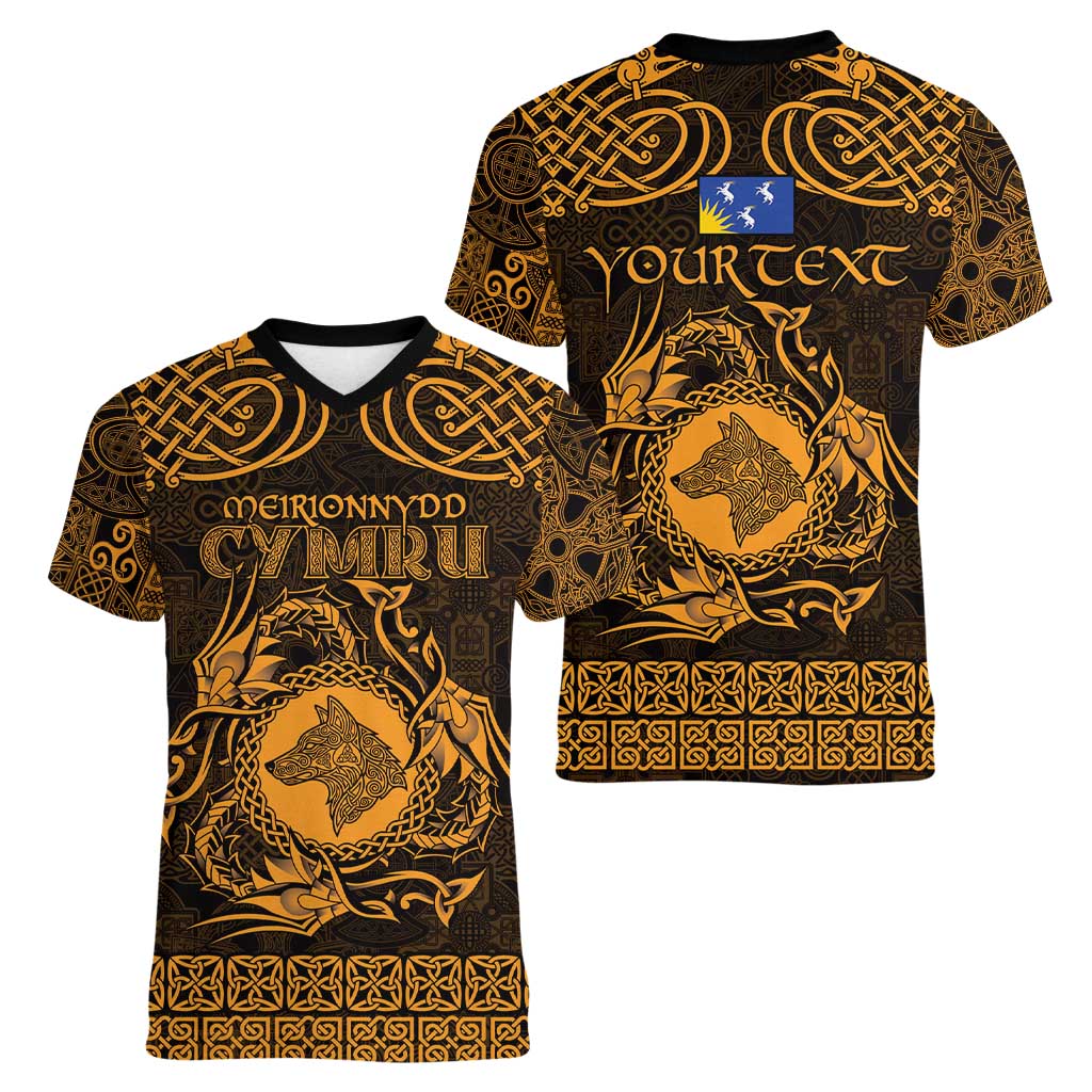 Personalized Merionethshire Meirionnydd Women V-Neck T-Shirt Gold Wolf Celtic-inspired - Wonder Print Shop