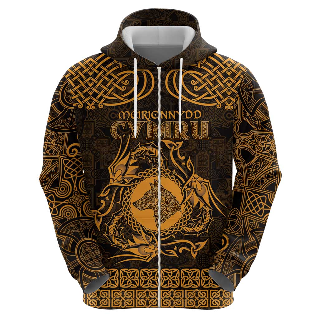 Personalized Merionethshire Meirionnydd Zip Hoodie Gold Wolf Celtic-inspired - Wonder Print Shop