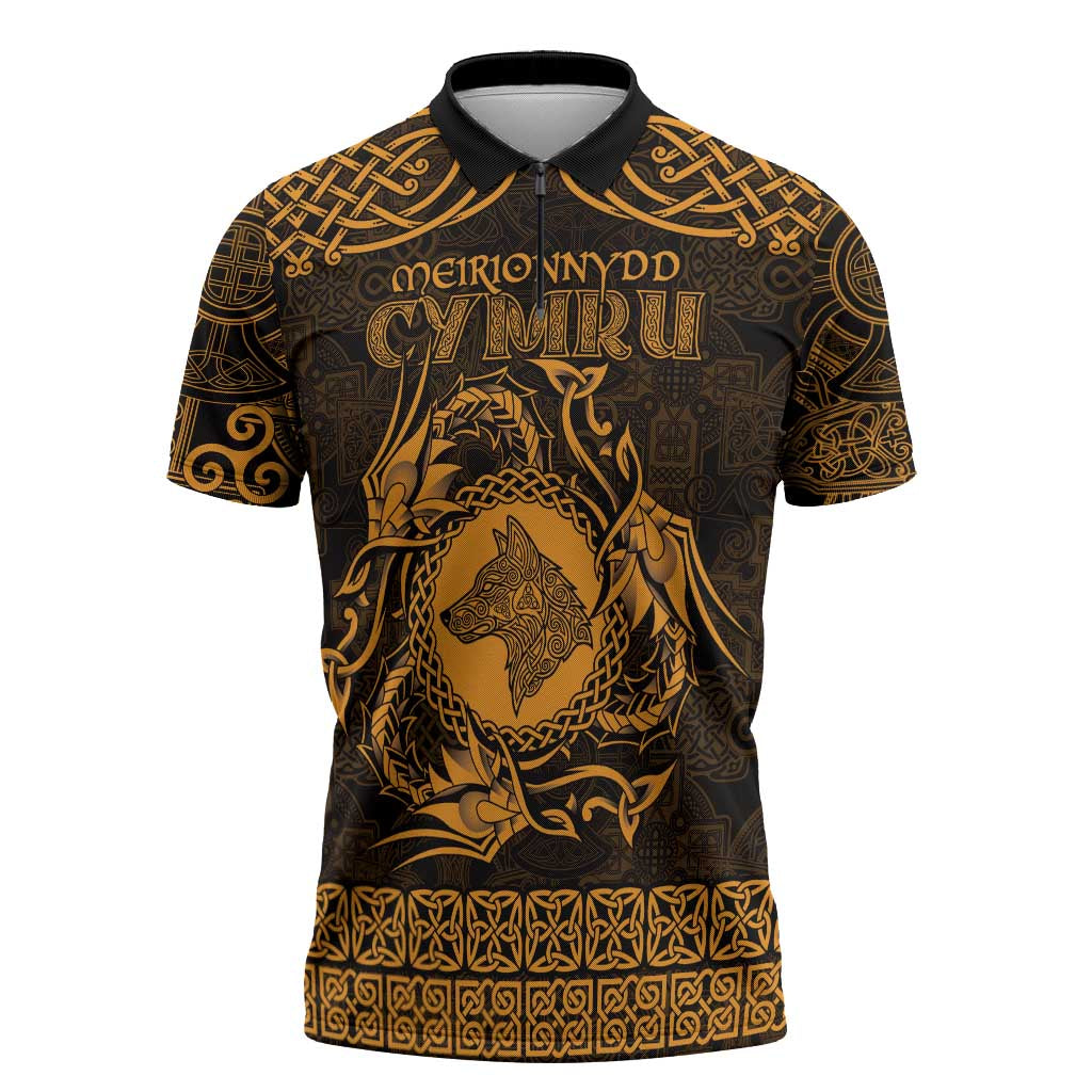Personalized Merionethshire Meirionnydd Zipper Polo Shirt Gold Wolf Celtic-inspired - Wonder Print Shop