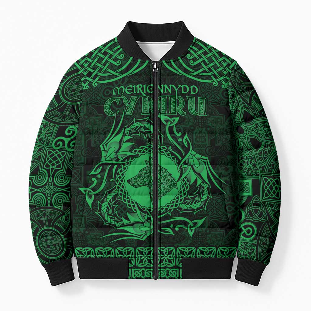 Personalized Merionethshire Meirionnydd Bomber Puffer Jacket Green Wolf Celtic-inspired - Wonder Print Shop