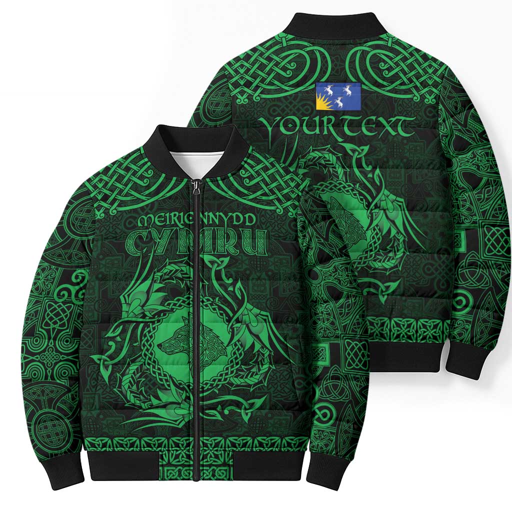 Personalized Merionethshire Meirionnydd Bomber Puffer Jacket Green Wolf Celtic-inspired - Wonder Print Shop