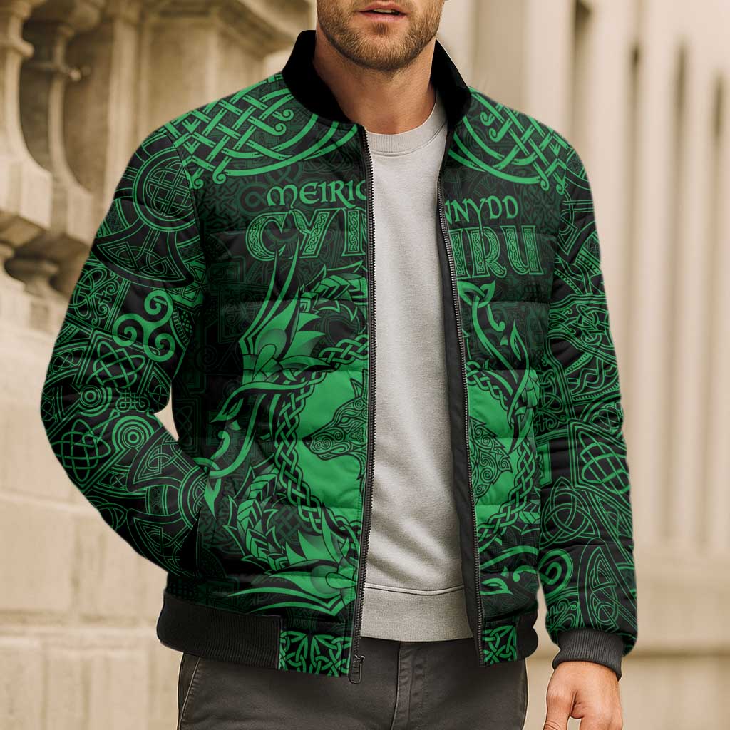 Personalized Merionethshire Meirionnydd Bomber Puffer Jacket Green Wolf Celtic-inspired - Wonder Print Shop