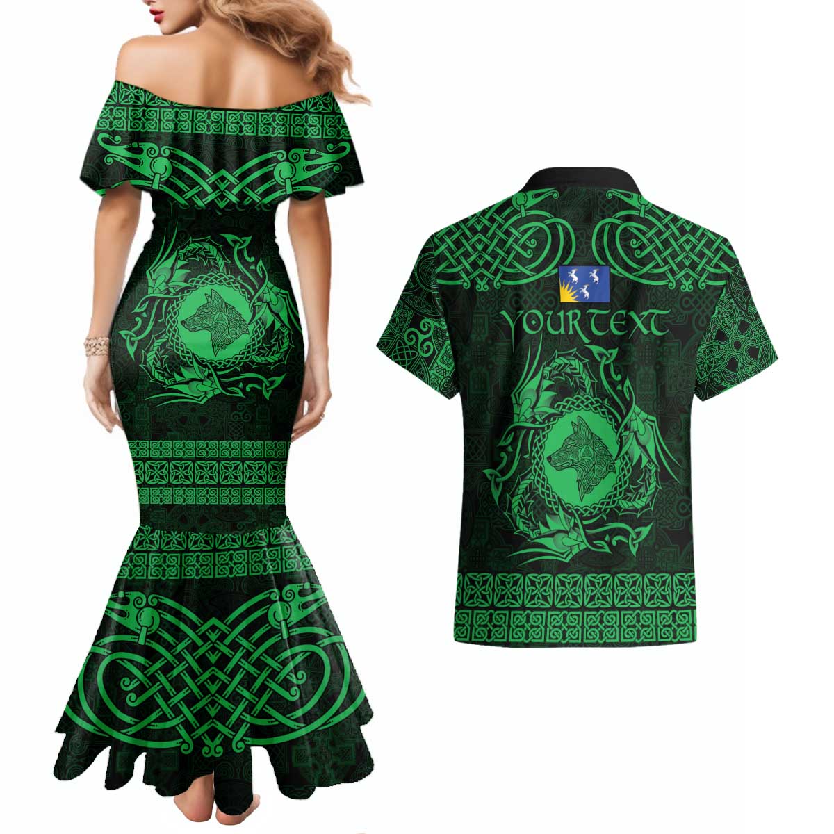 Personalized Merionethshire Meirionnydd Couples Matching Mermaid Dress and Hawaiian Shirt Green Wolf Celtic-inspired - Wonder Print Shop