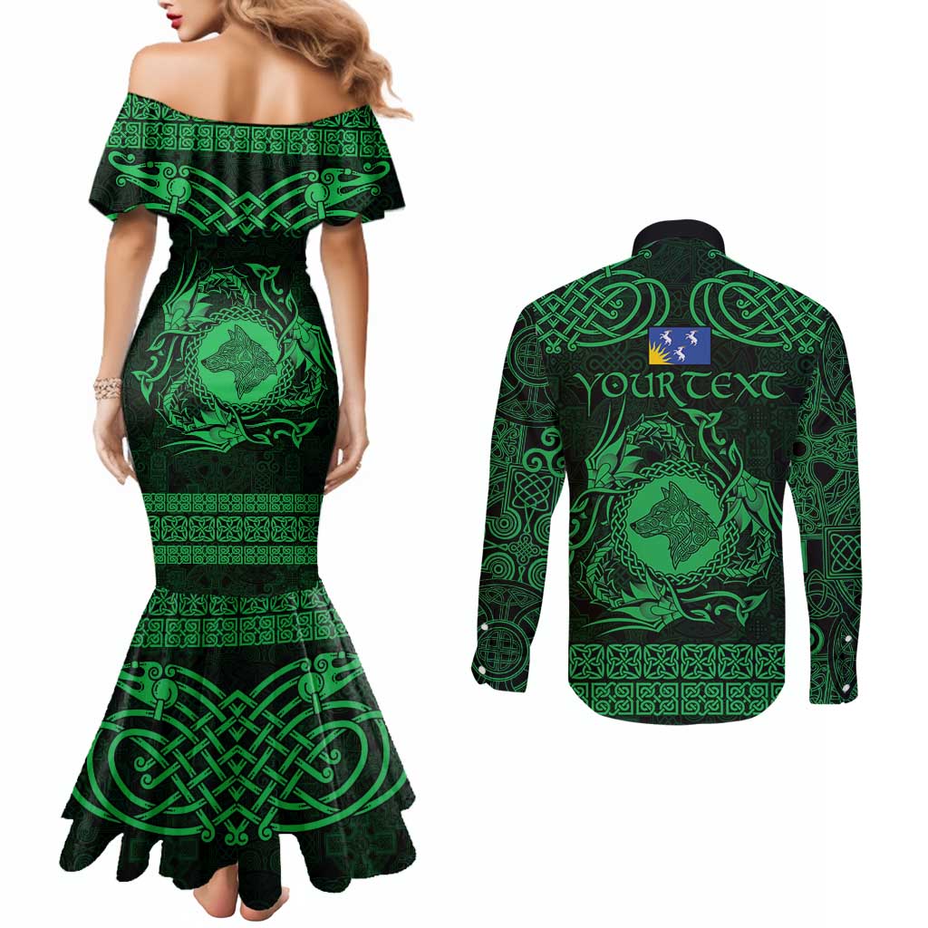 Personalized Merionethshire Meirionnydd Couples Matching Mermaid Dress and Long Sleeve Button Shirt Green Wolf Celtic-inspired - Wonder Print Shop