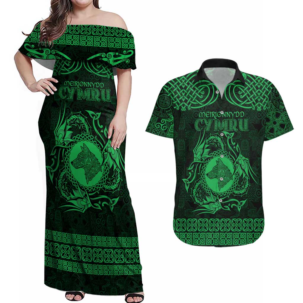 Personalized Merionethshire Meirionnydd Couples Matching Off Shoulder Maxi Dress and Hawaiian Shirt Green Wolf Celtic-inspired - Wonder Print Shop