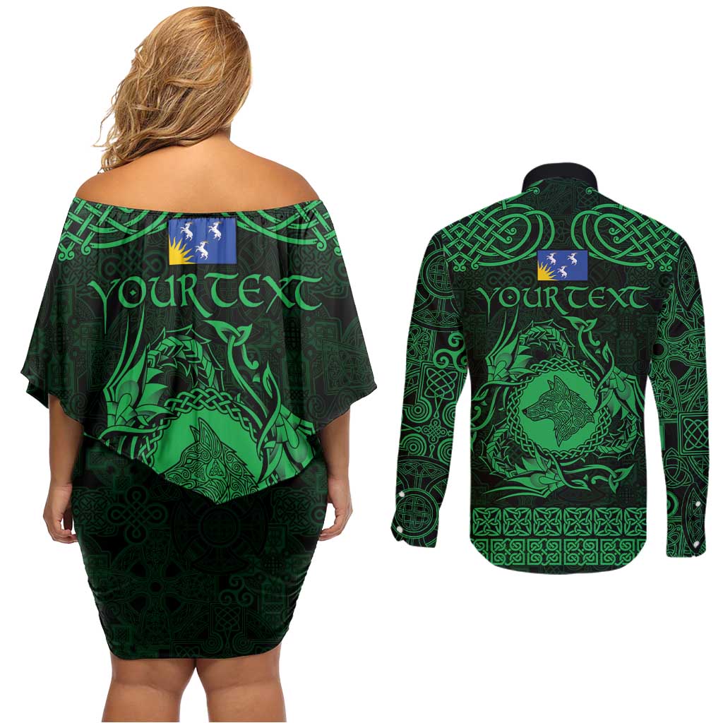 Personalized Merionethshire Meirionnydd Couples Matching Off Shoulder Short Dress and Long Sleeve Button Shirt Green Wolf Celtic-inspired - Wonder Print Shop