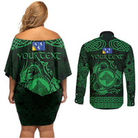 Personalized Merionethshire Meirionnydd Couples Matching Off Shoulder Short Dress and Long Sleeve Button Shirt Green Wolf Celtic-inspired - Wonder Print Shop