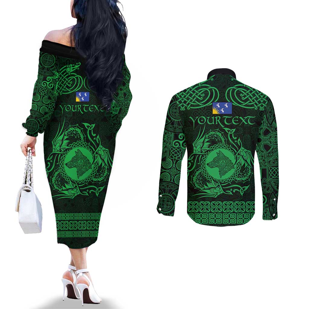 Personalized Merionethshire Meirionnydd Couples Matching Off The Shoulder Long Sleeve Dress and Long Sleeve Button Shirt Green Wolf Celtic-inspired - Wonder Print Shop