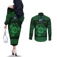 Personalized Merionethshire Meirionnydd Couples Matching Off The Shoulder Long Sleeve Dress and Long Sleeve Button Shirt Green Wolf Celtic-inspired - Wonder Print Shop