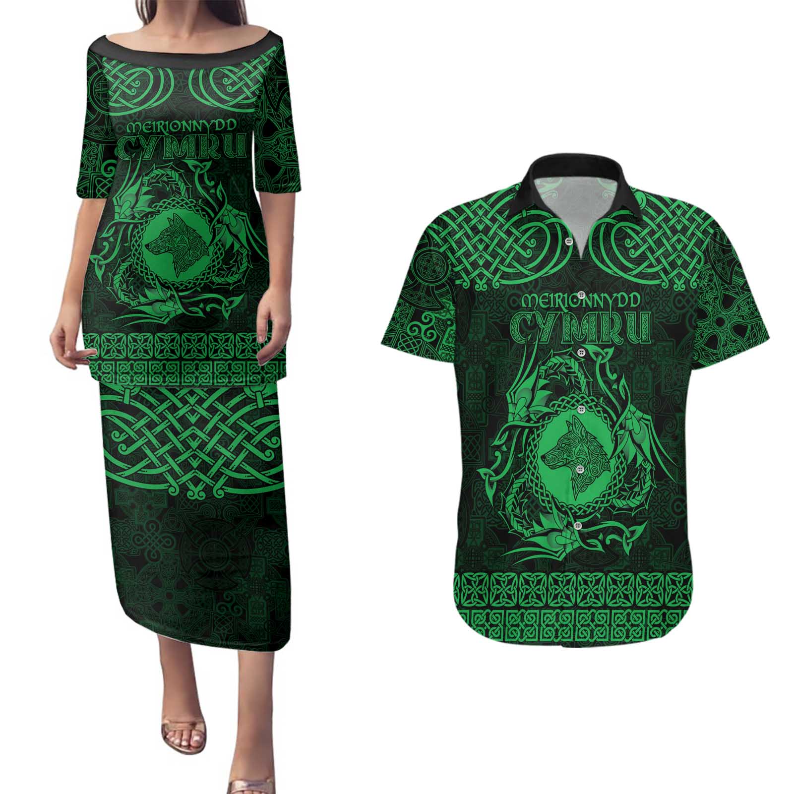 Personalized Merionethshire Meirionnydd Couples Matching Puletasi and Hawaiian Shirt Green Wolf Celtic-inspired - Wonder Print Shop