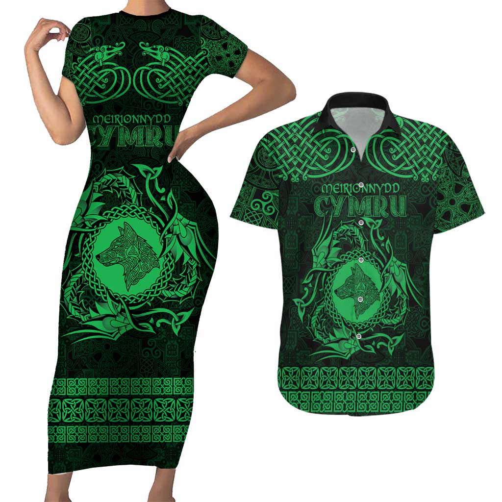 Personalized Merionethshire Meirionnydd Couples Matching Short Sleeve Bodycon Dress and Hawaiian Shirt Green Wolf Celtic-inspired - Wonder Print Shop
