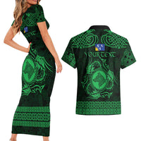Personalized Merionethshire Meirionnydd Couples Matching Short Sleeve Bodycon Dress and Hawaiian Shirt Green Wolf Celtic-inspired - Wonder Print Shop
