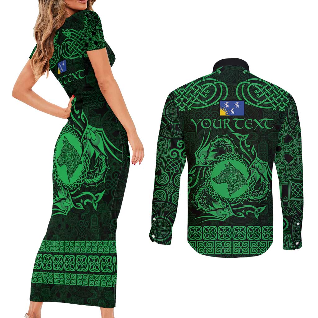 Personalized Merionethshire Meirionnydd Couples Matching Short Sleeve Bodycon Dress and Long Sleeve Button Shirt Green Wolf Celtic-inspired - Wonder Print Shop