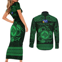 Personalized Merionethshire Meirionnydd Couples Matching Short Sleeve Bodycon Dress and Long Sleeve Button Shirt Green Wolf Celtic-inspired - Wonder Print Shop