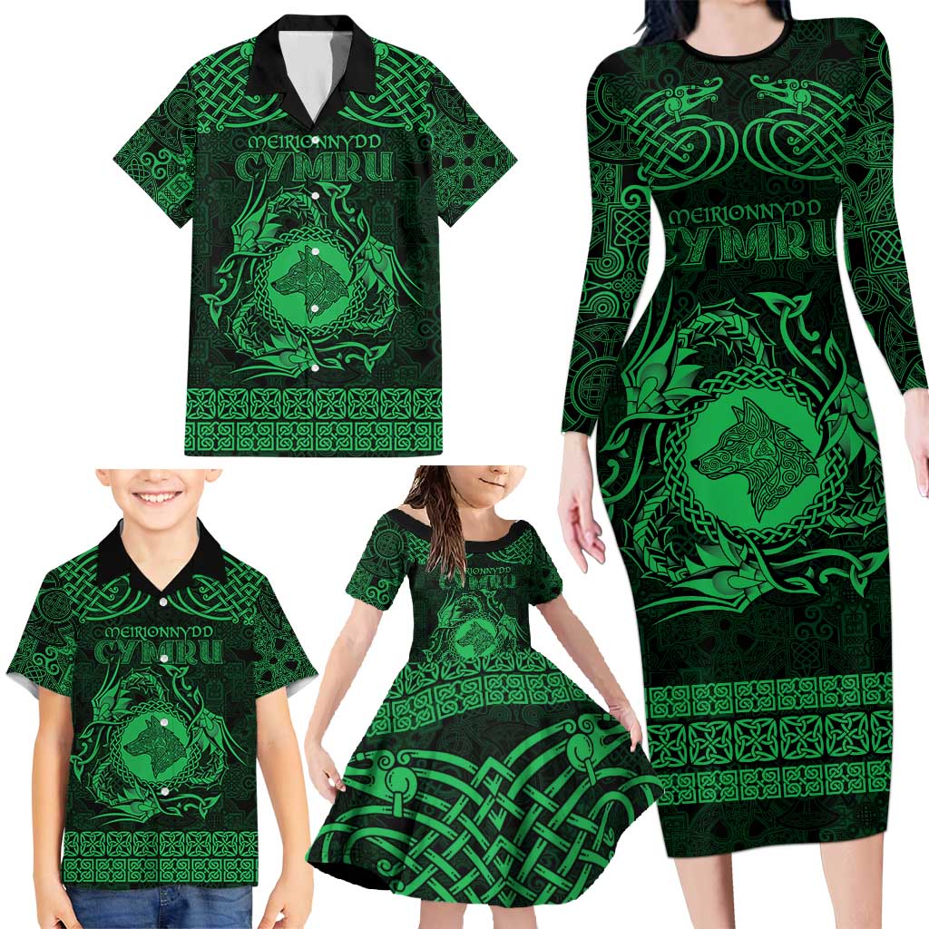 Personalized Merionethshire Meirionnydd Family Matching Long Sleeve Bodycon Dress and Hawaiian Shirt Green Wolf Celtic-inspired - Wonder Print Shop