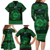Personalized Merionethshire Meirionnydd Family Matching Long Sleeve Bodycon Dress and Hawaiian Shirt Green Wolf Celtic-inspired - Wonder Print Shop
