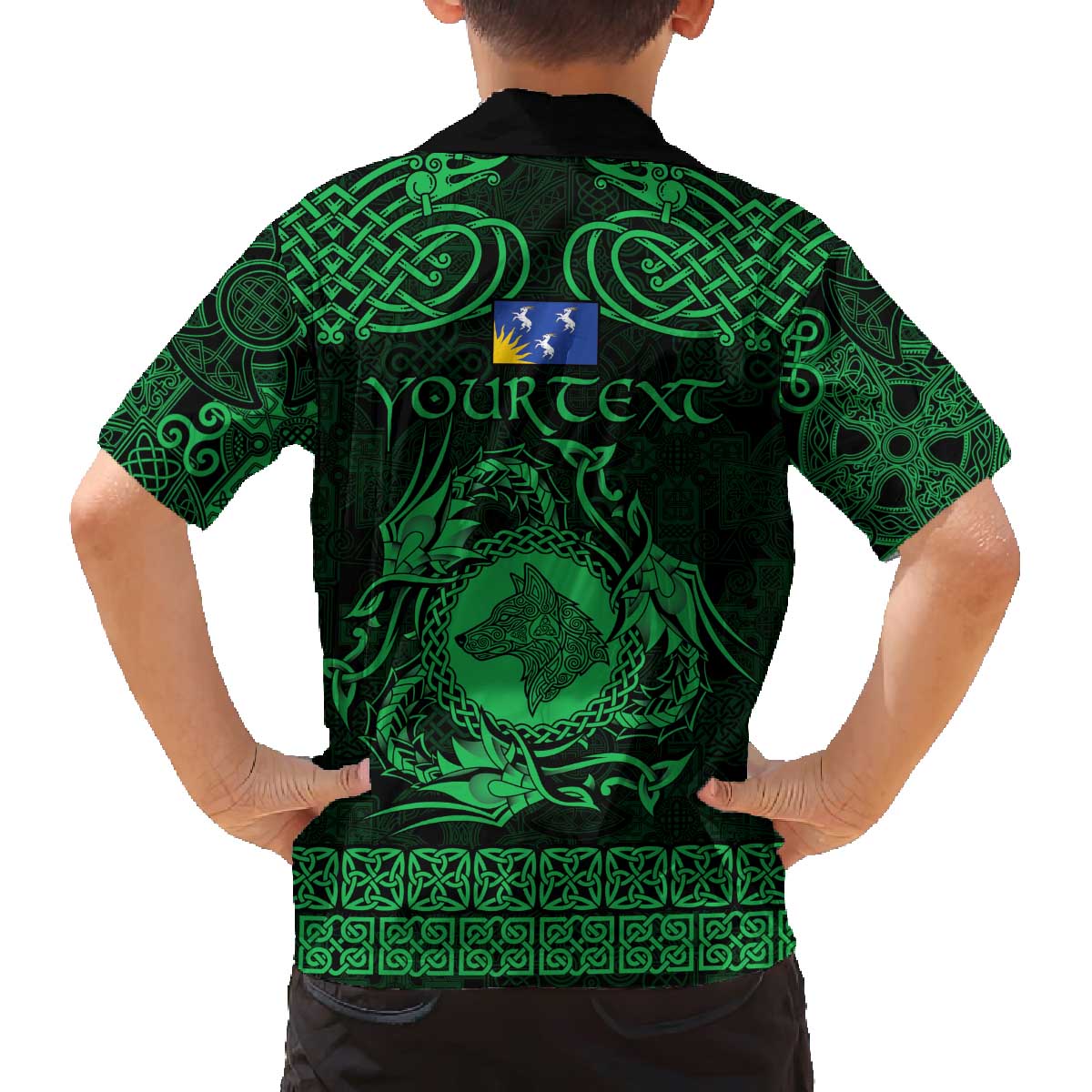 Personalized Merionethshire Meirionnydd Family Matching Off The Shoulder Long Sleeve Dress and Hawaiian Shirt Green Wolf Celtic-inspired - Wonder Print Shop
