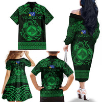 Personalized Merionethshire Meirionnydd Family Matching Off The Shoulder Long Sleeve Dress and Hawaiian Shirt Green Wolf Celtic-inspired - Wonder Print Shop