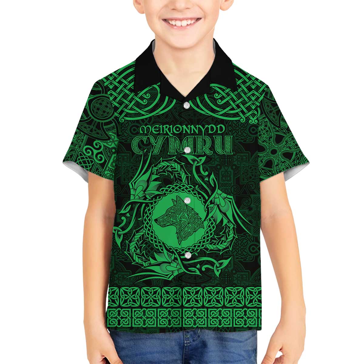 Personalized Merionethshire Meirionnydd Family Matching Off The Shoulder Long Sleeve Dress and Hawaiian Shirt Green Wolf Celtic-inspired - Wonder Print Shop