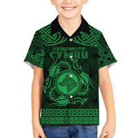 Personalized Merionethshire Meirionnydd Family Matching Off The Shoulder Long Sleeve Dress and Hawaiian Shirt Green Wolf Celtic-inspired - Wonder Print Shop