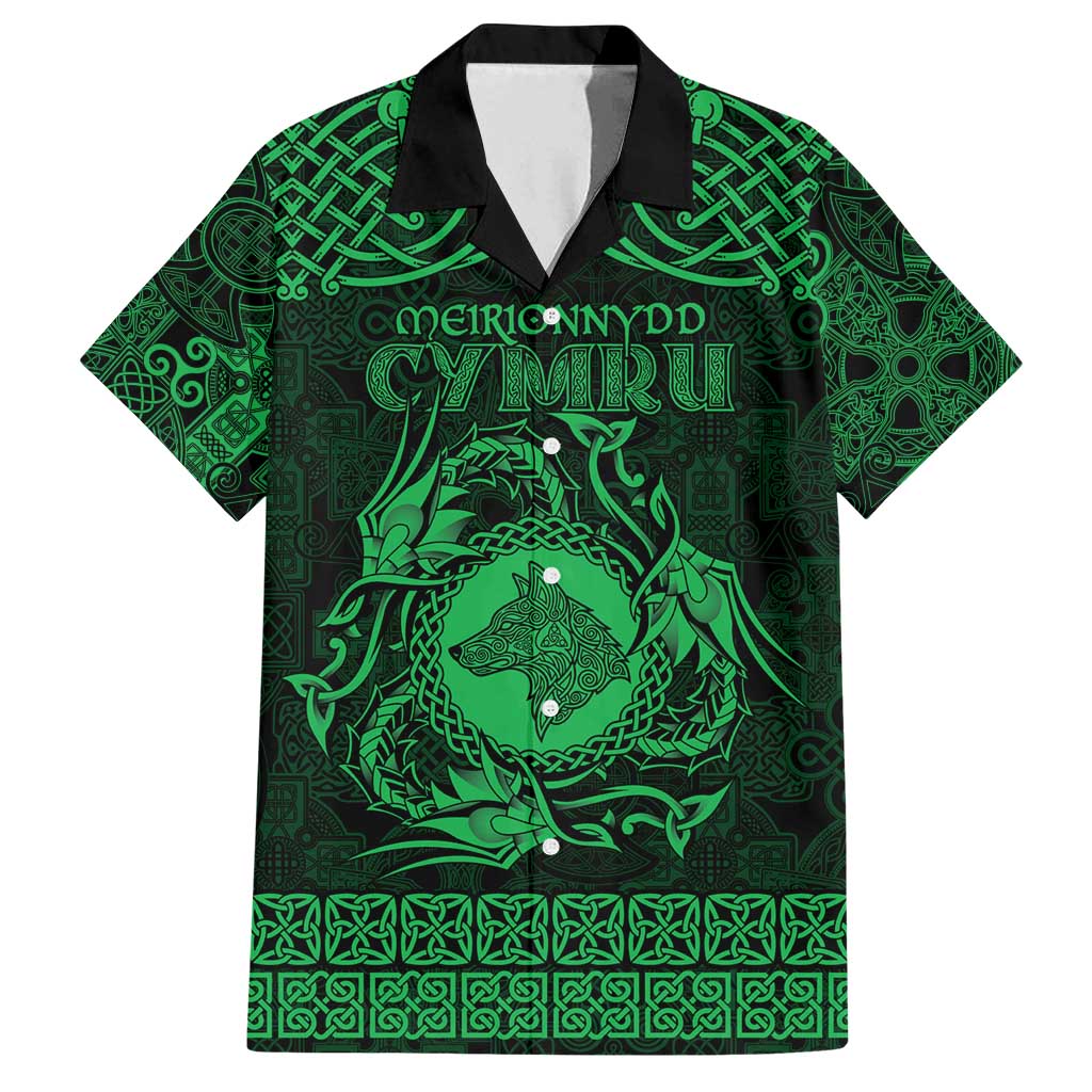 Personalized Merionethshire Meirionnydd Family Matching Off Shoulder Short Dress and Hawaiian Shirt Green Wolf Celtic-inspired - Wonder Print Shop