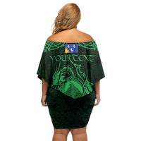 Personalized Merionethshire Meirionnydd Family Matching Off Shoulder Short Dress and Hawaiian Shirt Green Wolf Celtic-inspired - Wonder Print Shop