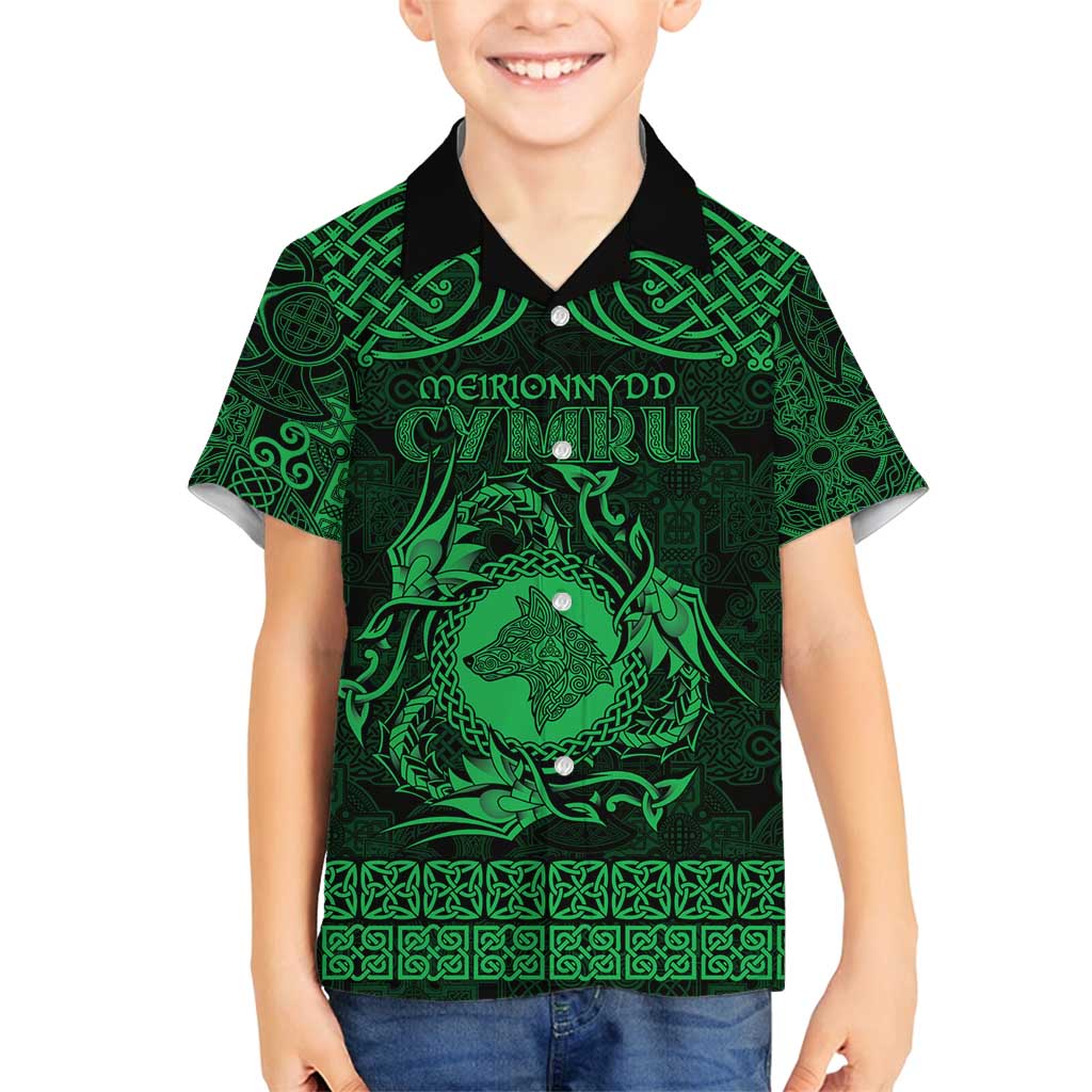 Personalized Merionethshire Meirionnydd Family Matching Off Shoulder Short Dress and Hawaiian Shirt Green Wolf Celtic-inspired - Wonder Print Shop