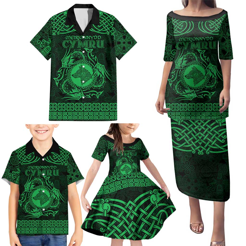 Personalized Merionethshire Meirionnydd Family Matching Puletasi and Hawaiian Shirt Green Wolf Celtic-inspired - Wonder Print Shop