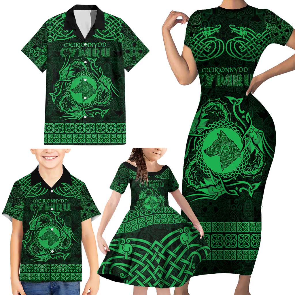 Personalized Merionethshire Meirionnydd Family Matching Short Sleeve Bodycon Dress and Hawaiian Shirt Green Wolf Celtic-inspired - Wonder Print Shop