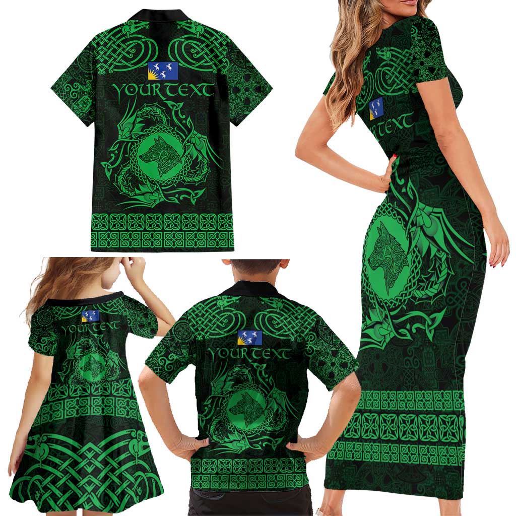 Personalized Merionethshire Meirionnydd Family Matching Short Sleeve Bodycon Dress and Hawaiian Shirt Green Wolf Celtic-inspired - Wonder Print Shop