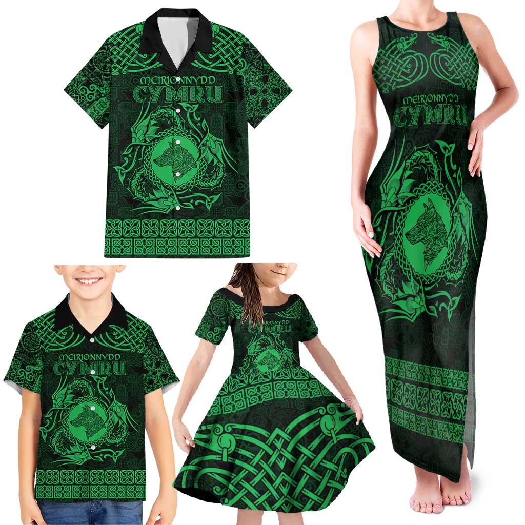 Personalized Merionethshire Meirionnydd Family Matching Tank Maxi Dress and Hawaiian Shirt Green Wolf Celtic-inspired - Wonder Print Shop