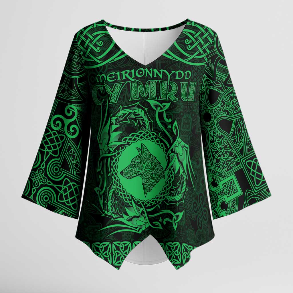 Personalized Merionethshire Meirionnydd Kimono Sleeve Blouse Green Wolf Celtic-inspired - Wonder Print Shop