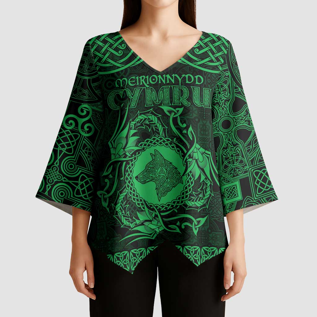 Personalized Merionethshire Meirionnydd Kimono Sleeve Blouse Green Wolf Celtic-inspired - Wonder Print Shop