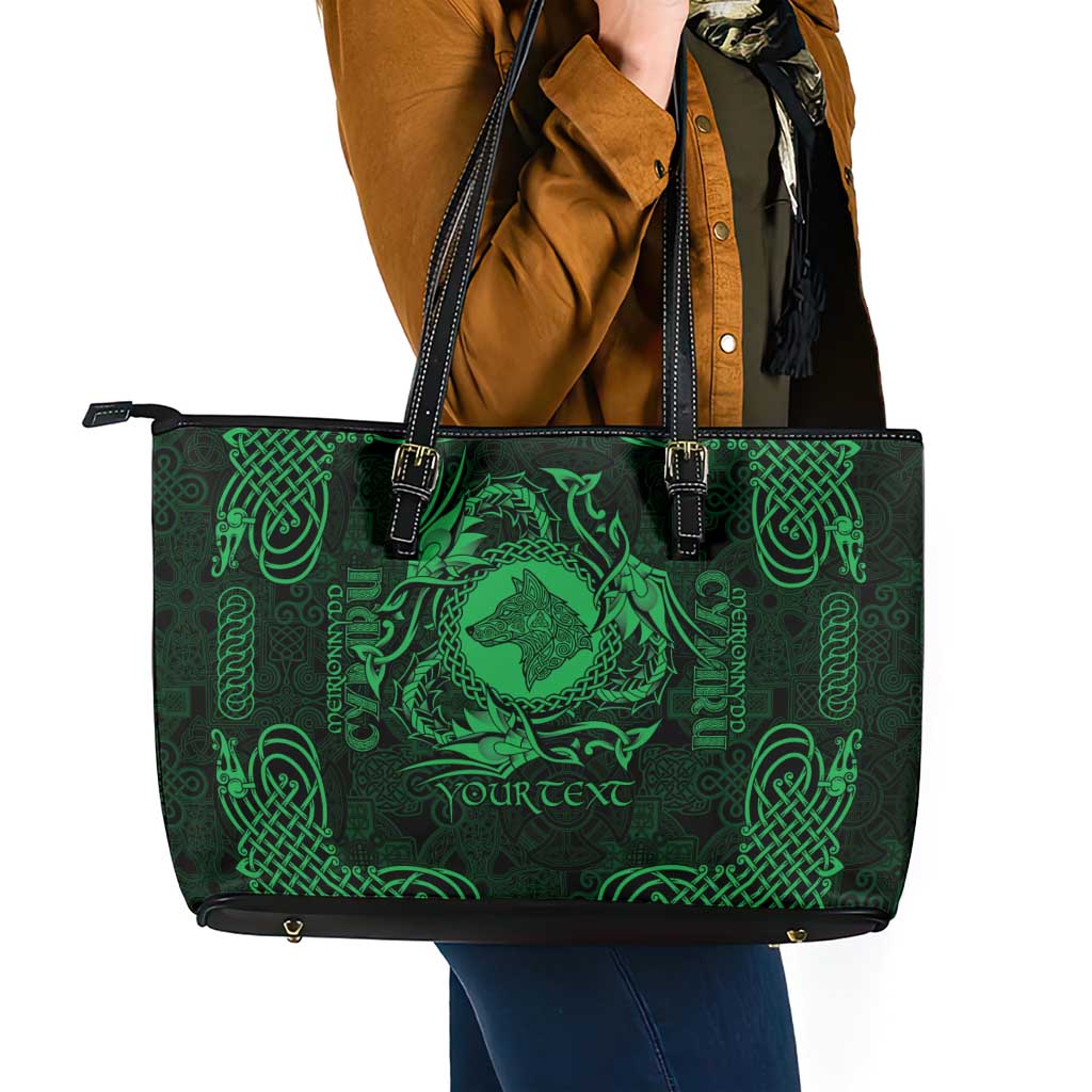 Personalized Merionethshire Meirionnydd Leather Tote Bag Green Wolf Celtic-inspired - Wonder Print Shop