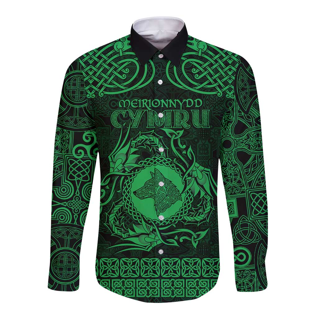 Personalized Merionethshire Meirionnydd Long Sleeve Button Shirt Green Wolf Celtic-inspired - Wonder Print Shop