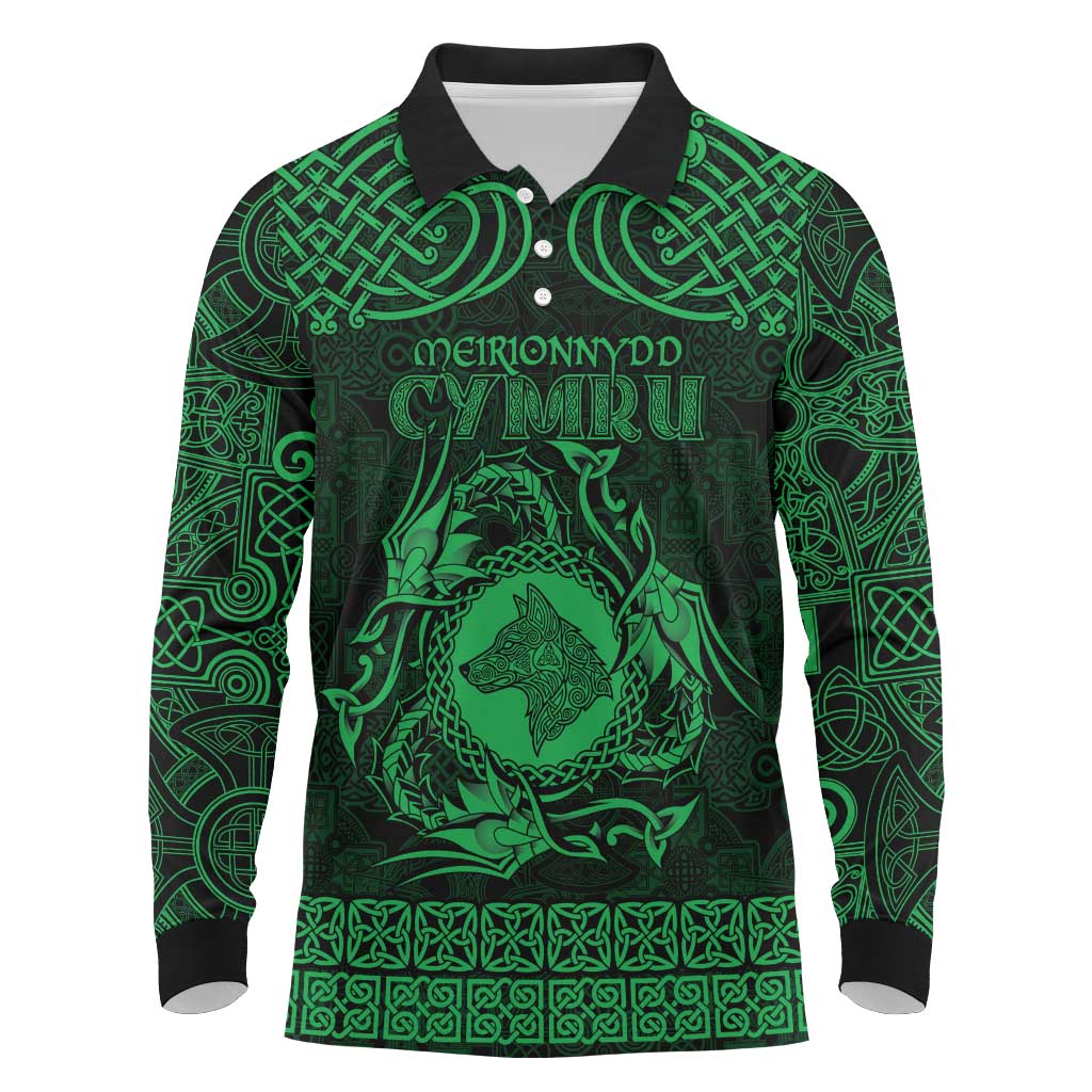 Personalized Merionethshire Meirionnydd Long Sleeve Polo Shirt Green Wolf Celtic-inspired - Wonder Print Shop