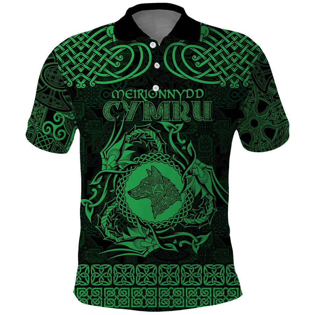 Personalized Merionethshire Meirionnydd Polo Shirt Green Wolf Celtic-inspired - Wonder Print Shop