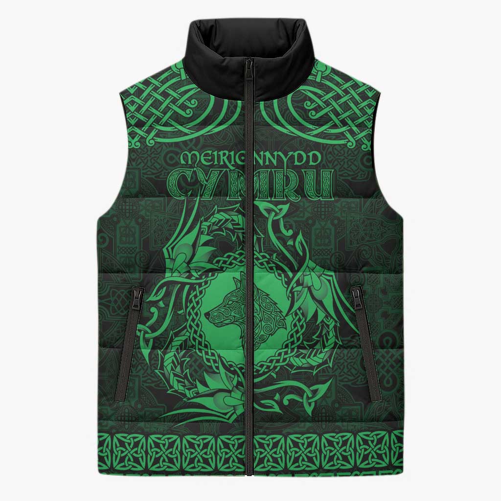 Personalized Merionethshire Meirionnydd Sleeveless Puffer Jacket Green Wolf Celtic-inspired - Wonder Print Shop