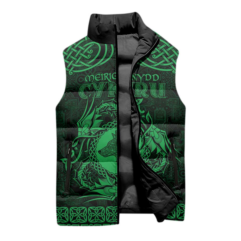 Personalized Merionethshire Meirionnydd Sleeveless Puffer Jacket Green Wolf Celtic-inspired - Wonder Print Shop