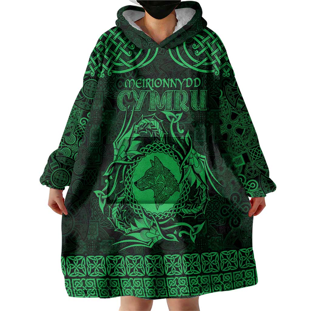 Personalized Merionethshire Meirionnydd Wearable Blanket Hoodie Green Wolf Celtic-inspired - Wonder Print Shop