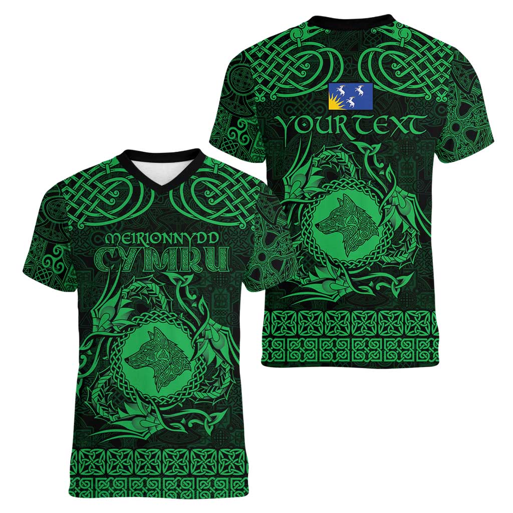 Personalized Merionethshire Meirionnydd Women V-Neck T-Shirt Green Wolf Celtic-inspired - Wonder Print Shop