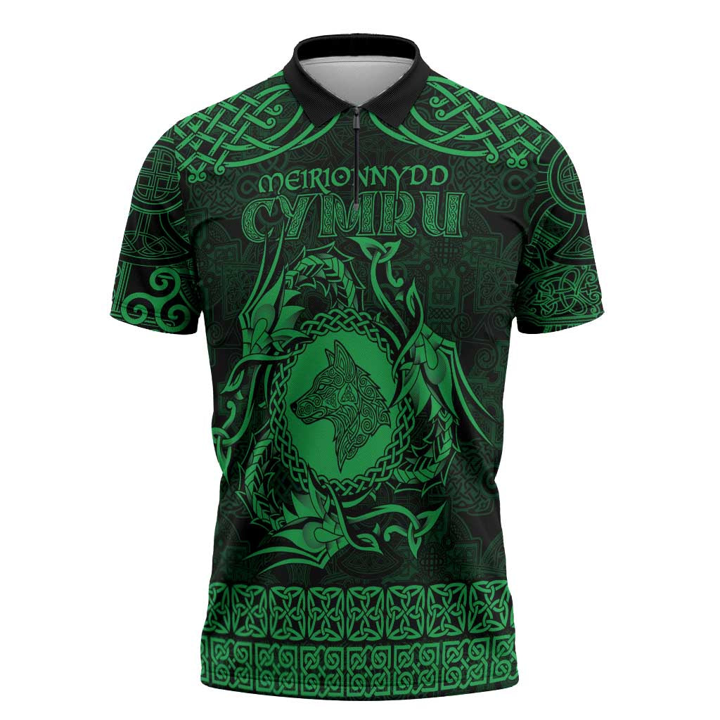 Personalized Merionethshire Meirionnydd Zipper Polo Shirt Green Wolf Celtic-inspired - Wonder Print Shop