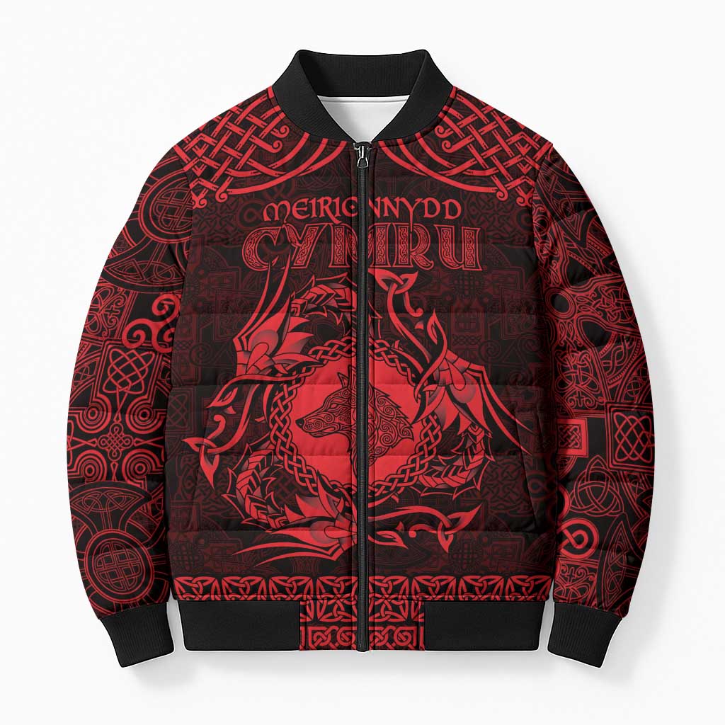 Personalized Merionethshire Meirionnydd Bomber Puffer Jacket Red Wolf Celtic-inspired - Wonder Print Shop