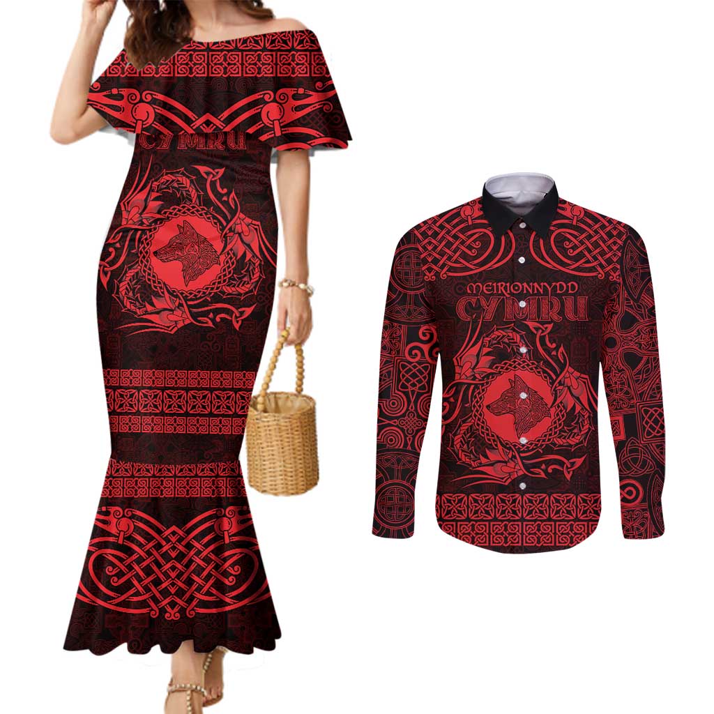 Personalized Merionethshire Meirionnydd Couples Matching Mermaid Dress and Long Sleeve Button Shirt Red Wolf Celtic-inspired - Wonder Print Shop